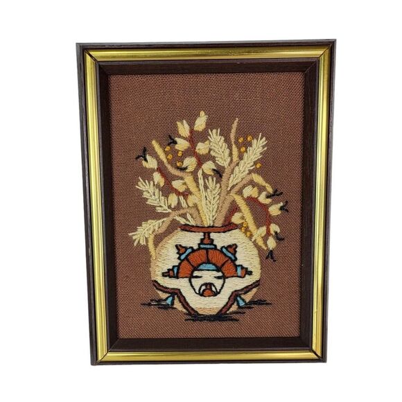 Vintage 70s Southwestern Native American Framed Crewel Embroidery Wall Hangings - Picture 3 of 8